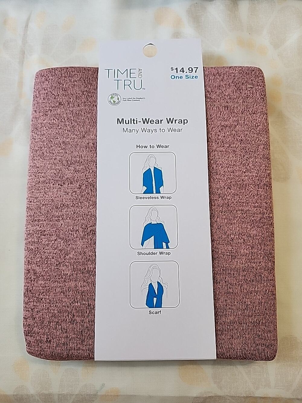Time & Tru Multi-Wear Wrap Shaw Scarf One Size - Pink & Black Speck